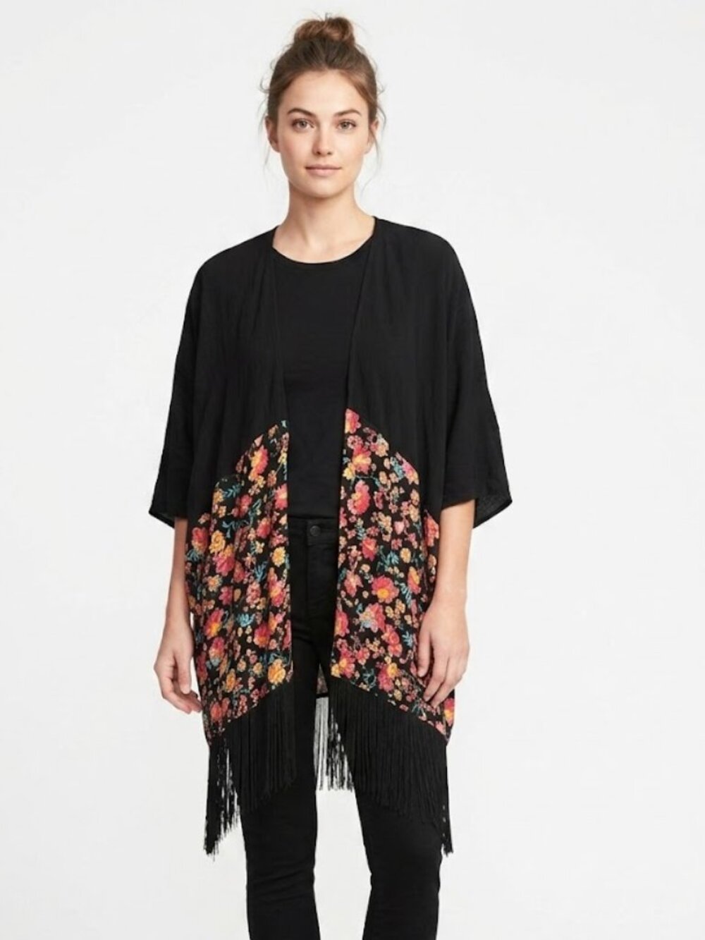 NEW Jessica Simpson Watercolor Julia Fringe Kimono Sleeve Open Front Wrap Shawl